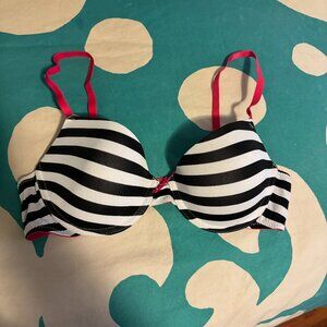 EUC Secret Possessions Black & White Striped Bra with Bright Pink Straps Sz 36C